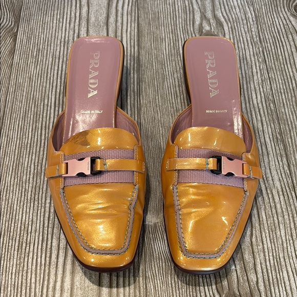 Prada Shoes - Prada Y2K Gold Tan Pink Buckle Square Toe Slip On Kitten Heel Mules